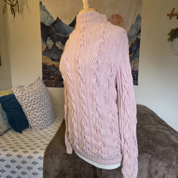 Neiman Marcus 100% Cashmere Sweater Large Pink Cable Knit Mock Neck Pullover - Picture 10 of 16